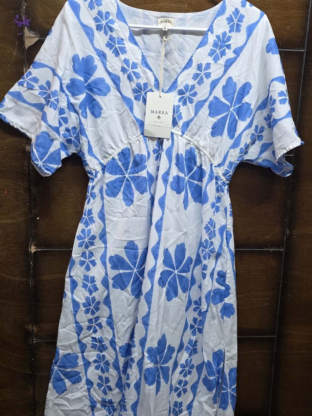 AREA White Midi Dress with Blue Floral Print Xs Nwt